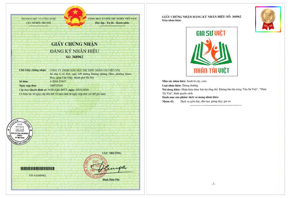 giấy chứng nhận nhãn hiệu của Gia Sư Việt